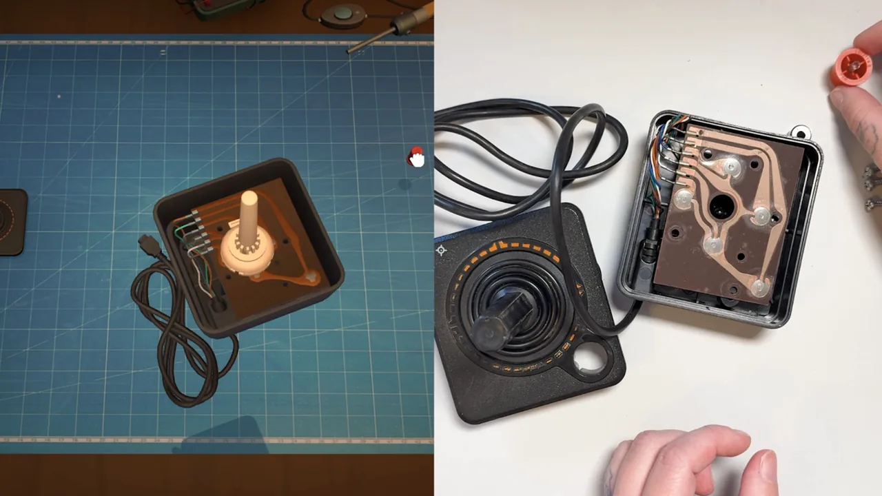 Opened in-game Atari controller beside a disassembled real CX40 joystick for comparison