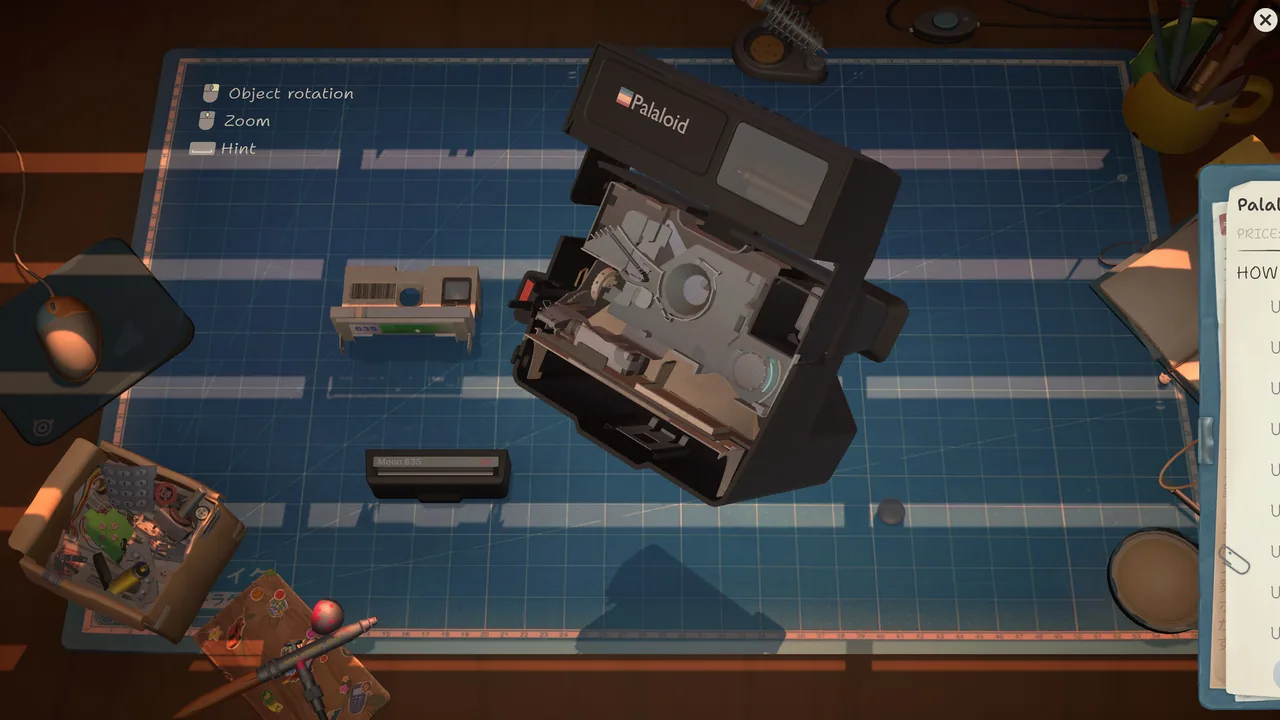 Instant camera opened to expose its internal mechanism on the repair workbench